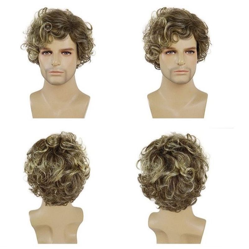 Synthetic Ombre Brown Blonde Short Curly Men Wig with Bangs Natural Hairstyle Wig for Male Daily Cosplay Party Heat Resistant Fiber Wig