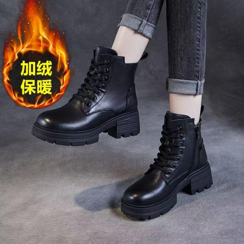 Women's Warm Leather Boots Autumn and Winter New Retro Soft Leather Single Boots Thick-soled Heightening Velvet Martin Boots