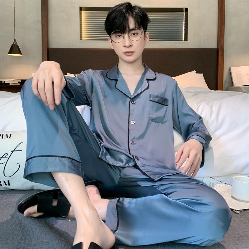Pajamas Men's Spring Summer Summer Long Sleeve Silk Ice Silk Homewear Spring Autumn Thin Simulation Silk Satin Set