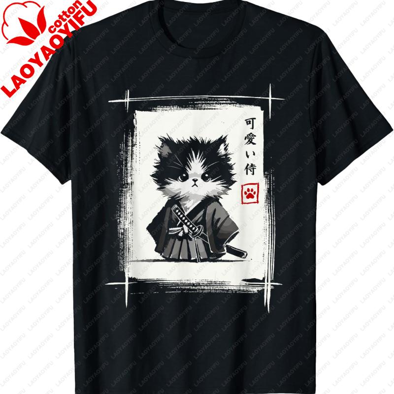 Harajuku Samurai Japanese Art Sumie Novelty Kawaii Funny Cat Unisex TShirt Lovely Printed Tshirt Tops Regular Short Sleeve