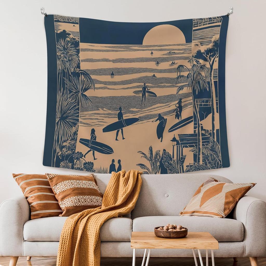 Retro Surfing Summer Ocean Wall Tapestry Hanging for Bedroom Beach House, Beachy Ocean Tapestries Wall Decor Art for Dorm