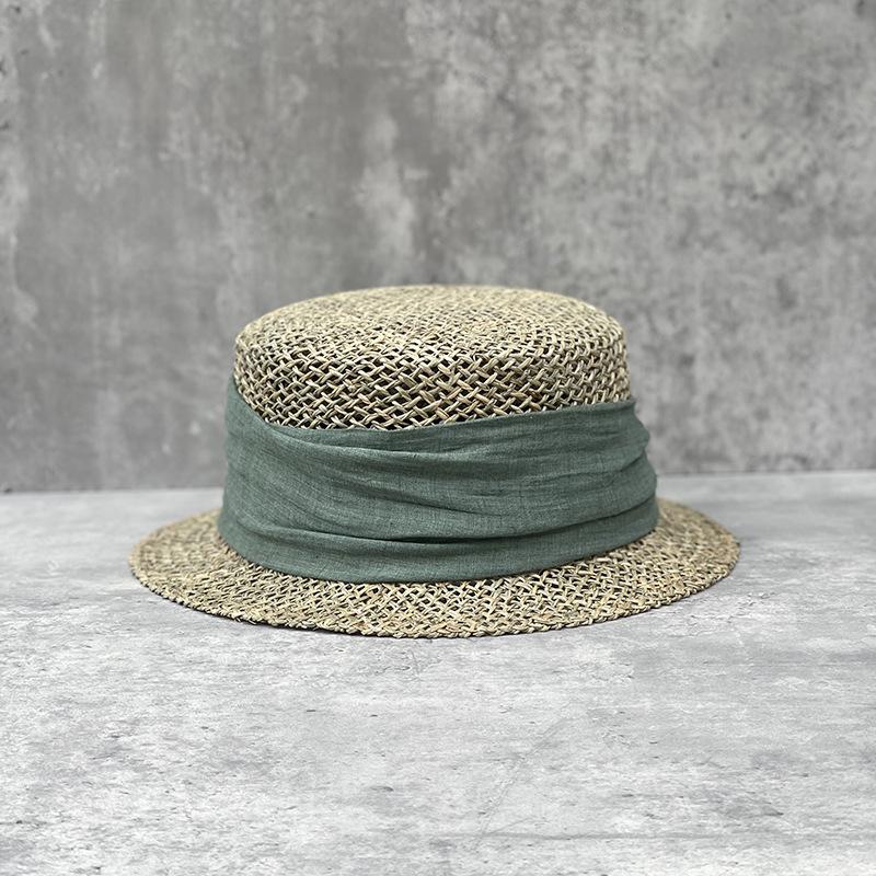 French Retro Salted Seaweed Hollow Woven Small Brim Flat Top Top Hat For Men And Women Summer Fashion Travel Short Brim Straw Hat