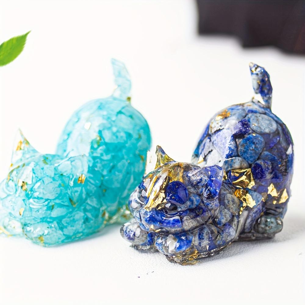 1.77in Resin Cat Statue with Tail, Natural Crystal Gemstone Figurine, Feng Shui Spiritual Decor for Halloween Christmas Gift