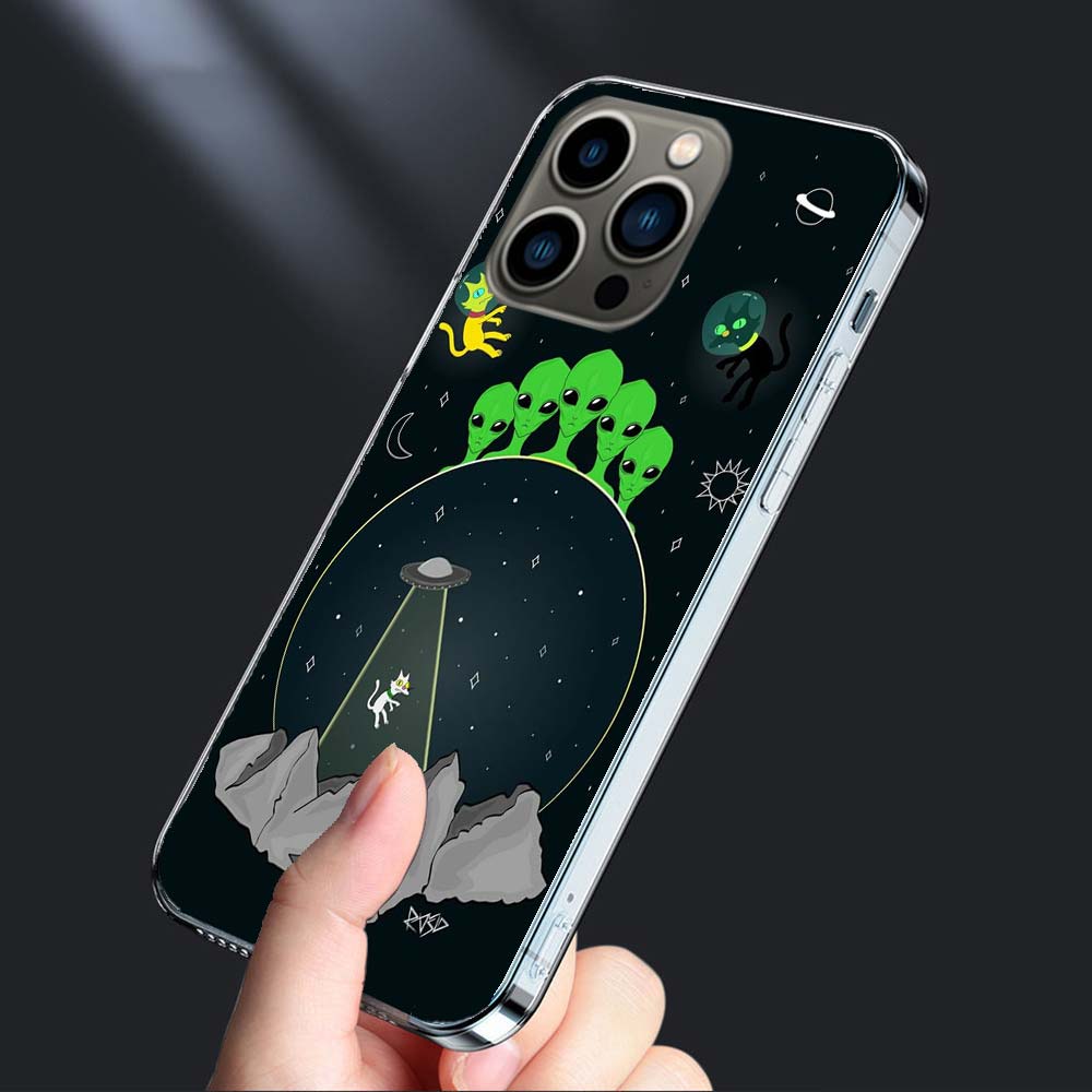 UFO Alien Cat universe Phone Case For Iphone 16 15+ Pro Max 17 Air Capa 14 Plus 16E 13 Pro 12 Mini 11 Cover