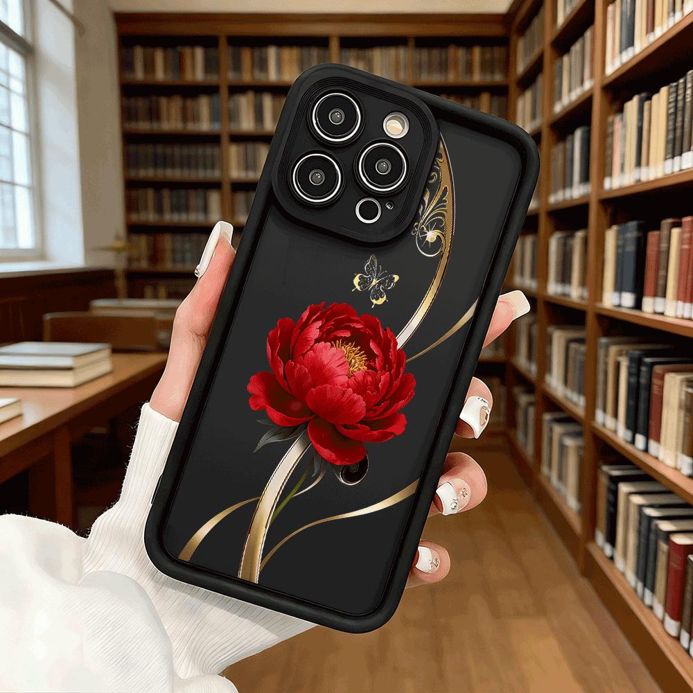 Red Peony Golden Swirls Luxury Anti-Slip TPU Phone Case For Xiaomi Redmi Note 15 14 13 12 11 10 9 Pro Full Protective Cover