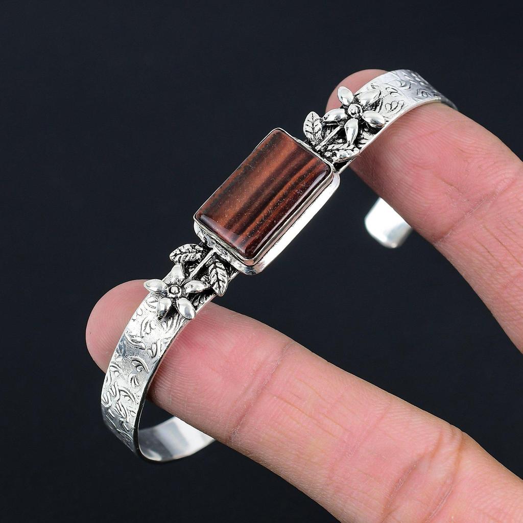 Womens Day Deal Natural Tiger Eye Sterling Silver Flower Wedding Bangle Bracelet