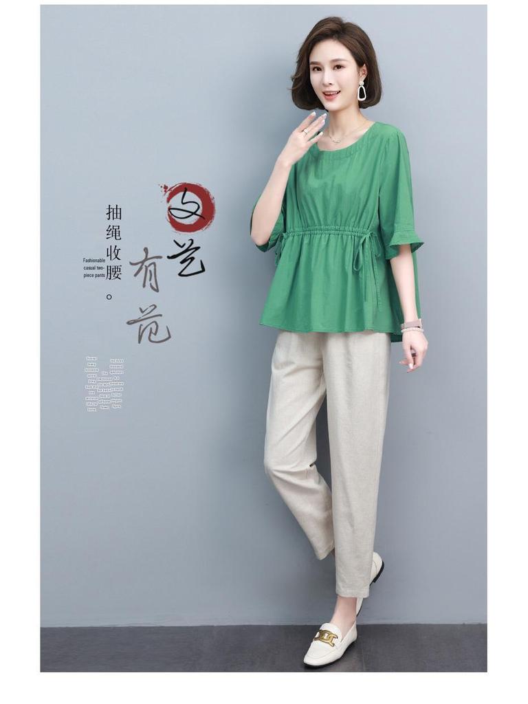 Mom's 2025 Fashion Cotton Linen Casual Two-Piece Suit: Short Sleeve Summer Style for Middle-Aged Women