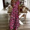 Women Plus Size V Neck Short Sleeve Printed Blue Straight Maxi Dress