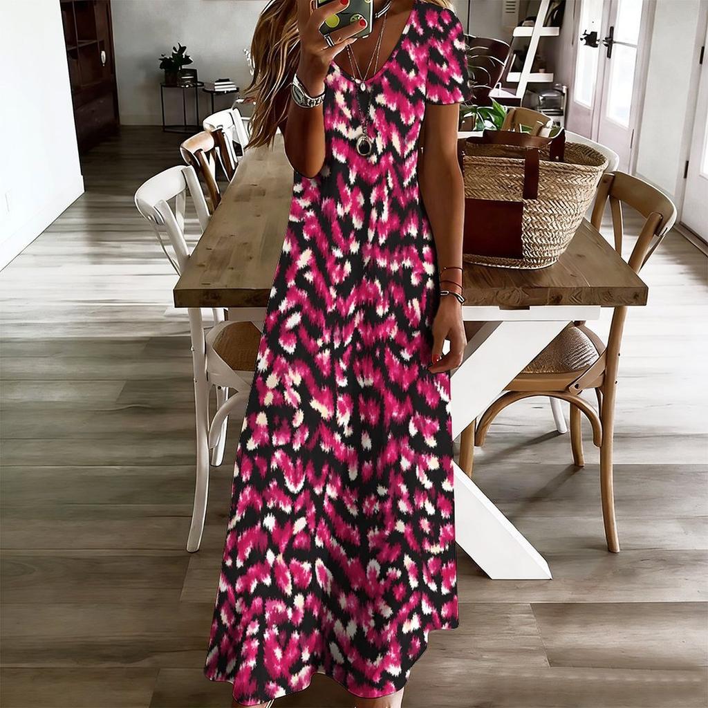 Women Plus Size V Neck Short Sleeve Printed Blue Straight Maxi Dress