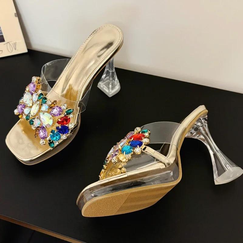 Eilyken Summer Fashion PVC Transparent Square Toe Woman Slippers Crystal Clear High Heels Slides Shoes