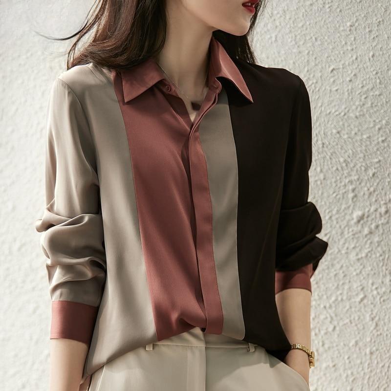 Elegantné Vintage dámske blúzky s dlhým rukávom jeseň 2024 Hit Color Polo golier Voľná ​​pracovná košeľa Gombík Ležérne oblečenie 18146