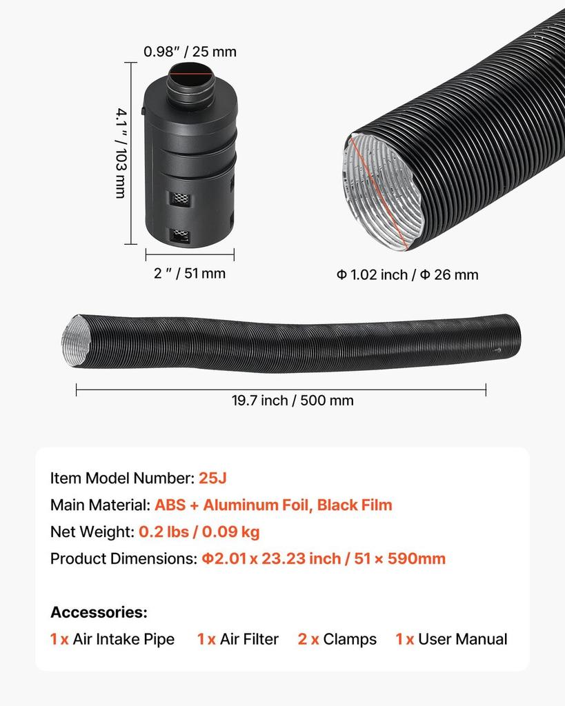 Diesel Heater Intake Pipe Kit, 25mm Car Air Parking Heater Ducting Pipe Hose Tube, Stretchable & Bendable Car Air Intake Filter Silencer Hose Pipes