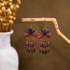 Turquoise Bohemian Owl Feather Tassel Earrings - Bronze Geometric Carved Design with Palm and Dreamcatcher Elements