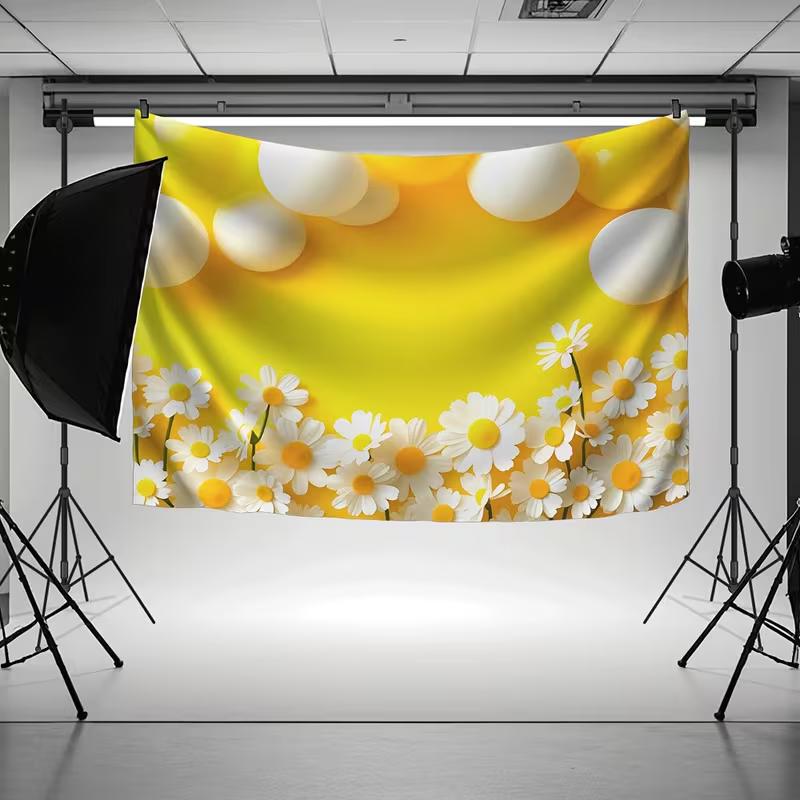 Lebendiger Gelber Gänseblümchen- und Luftballon-Hintergrund, Florale Szene, Fotografie-Hintergrundtuch