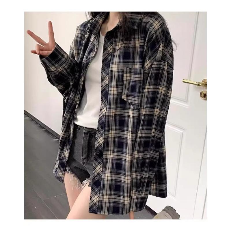 Camicia Casual da Donna a Quadri Americano Vintage Larga a Maniche Lunghe