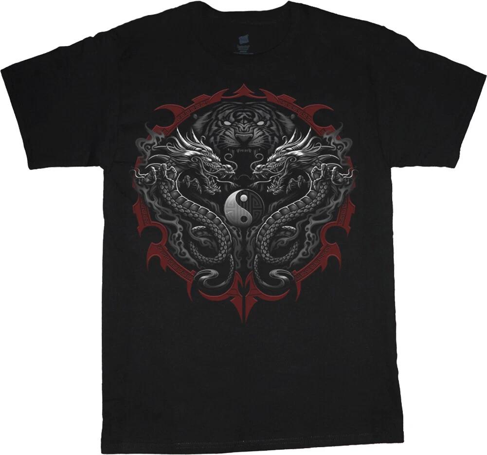 Mens T-shirt Yin Yang Twin Dragons Tiger Mens Graphic Tee Clothing Apparel XXL