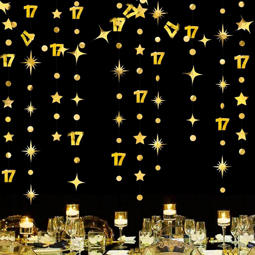 Black 17th Birthday Decorations Number 17 Circle Dot Star Garland Streamer Banner Backdrop for Girls Boys Cheers to 17 Years Old Birthday 17 and
