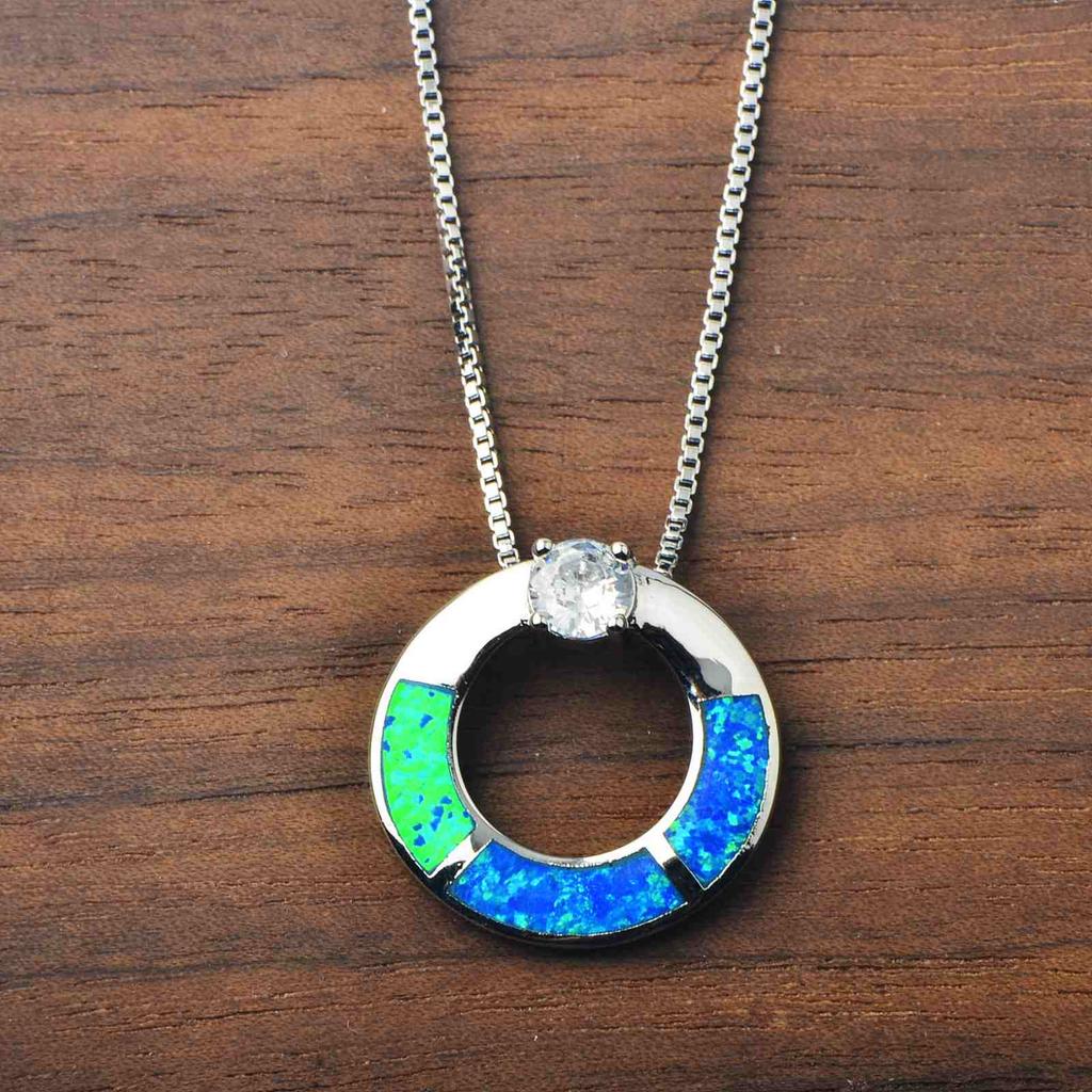 Aobao Blue Fire Opal Pendant Necklace with Geometric Design and Sweater Chain