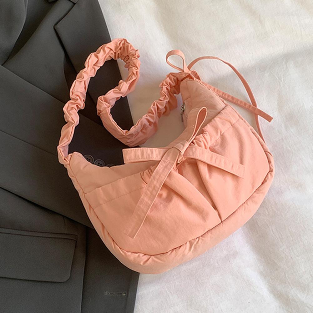 Women Casual Underarm Bag with Ruched Drawstring Strap Bow Leisure Satchel Bag Solid Color Cute Sling Bag Female Daily Handbag
