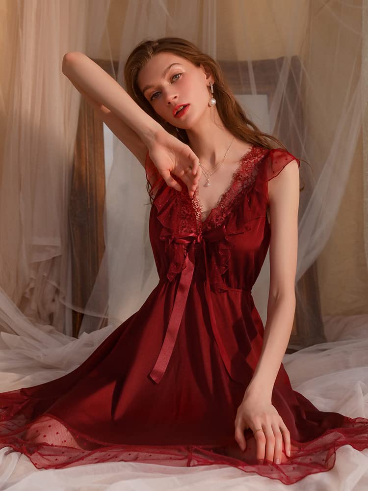 Babydoll Dot Deep Tulle Sexy Popular Atmosphere Texture Cute Soft Back Lace Nightgown Loungewear [Yayamama] V-neck Satin-like (Red - B, M)