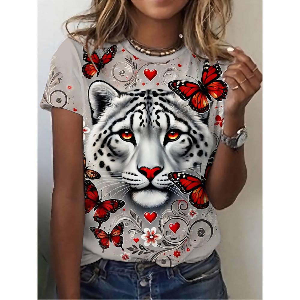 Women s Tee Snow Leopard & Red Butterfly Graphic, Elegant Animal Love Design for Casual Daily Wear S