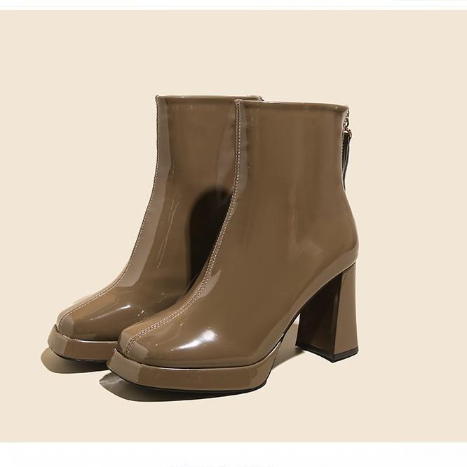 Autumn and winter new Martin boots women's square head high heel thick heel rear zipper short boots patent leather high heel single boots fashion