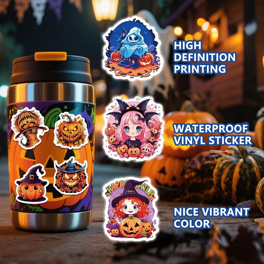 100Pcs Halloween Pumpkin Theme Stickers, Non-Repeating Vinyl Waterproof Holiday Party Stickers, Party Favor