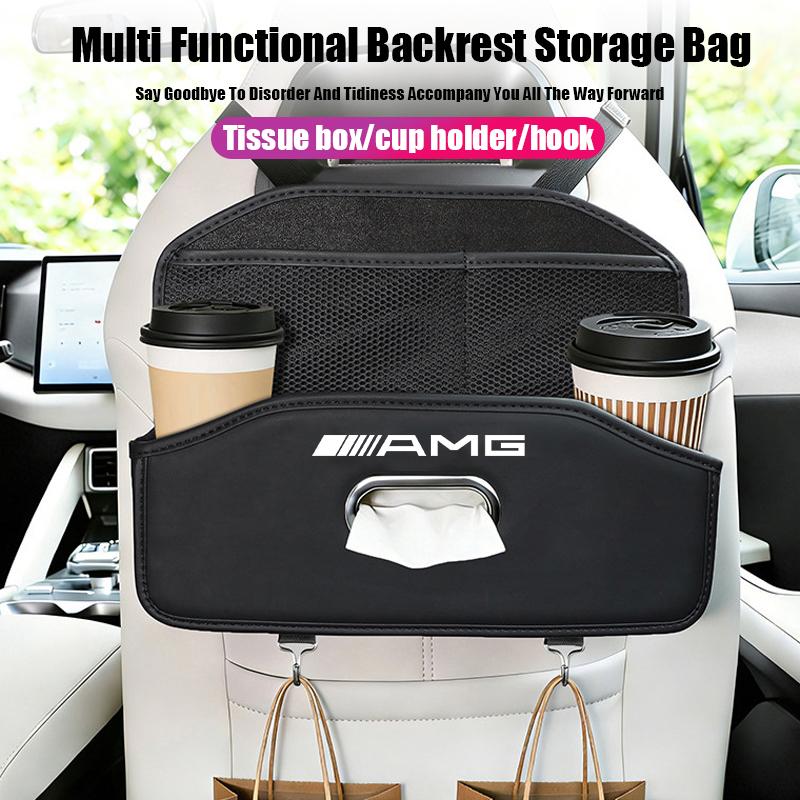 Car Seat Back Storage Box Multi-Functional Tissue Box Cup Holder Hook Storage Box Accessories Car Decal For Mercedes Benz AMG W2