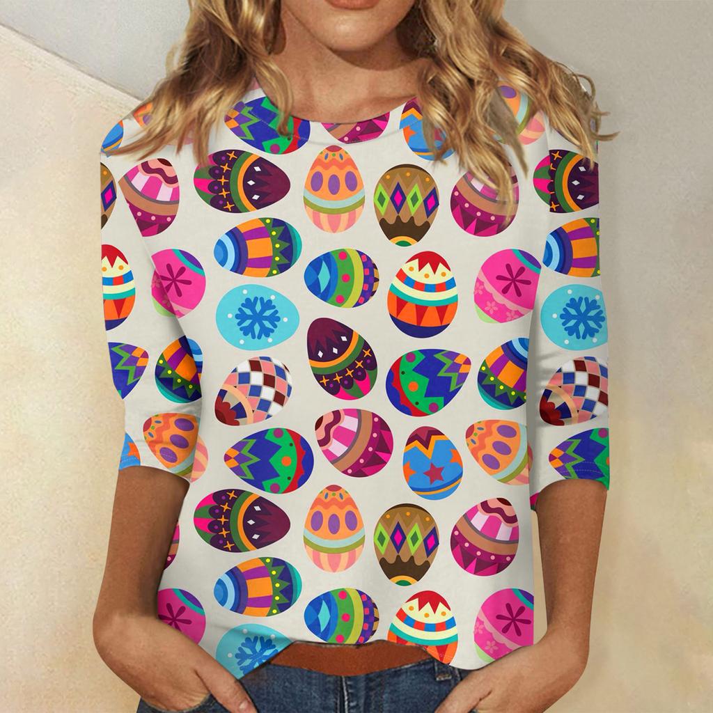 Camisa de Pascua para Mujer de Manga Tres Cuartos Cuello Redondo Corte Holgado Camisa Casual