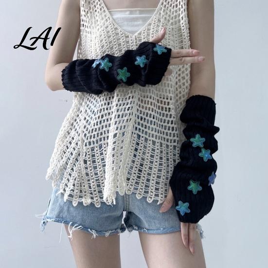 Dunkle Gothic Mode Handschuhe Sternenstrick Armstulpen Fingerlos für Damen Mädchen Lolita Alltag Ärmel Stil Gestreift Häkeln Cosplay Kostüm