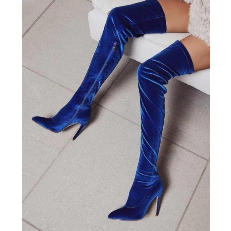 

Модні оксамитові ботфорти для жінок 2025 Нові весняно-осінні ботфорти вище коліна Жіночі ботильйони з гострим носком на шпильці Великі розміри Еластичні ботфорти до стегна 34 синій