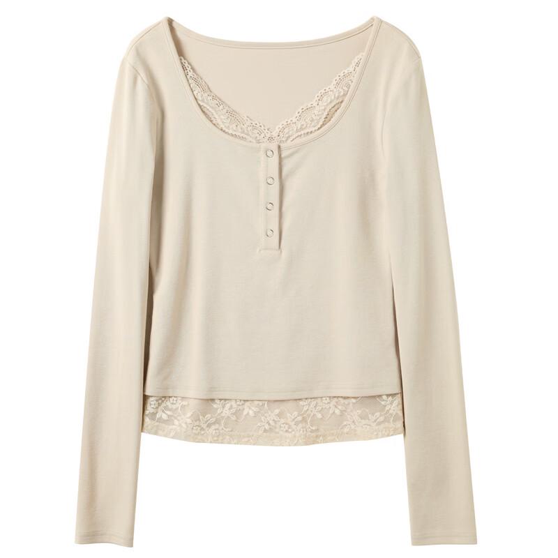 Sancai Women's Fake Two-Piece Lace-Paneled Long-Sleeve Slim Fit Tee