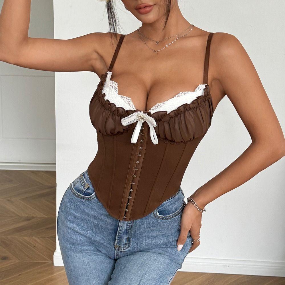 Ruffle Lace Flower Camisole Bowknot Suspender Vest Elegant Slim Crop Tops Travel