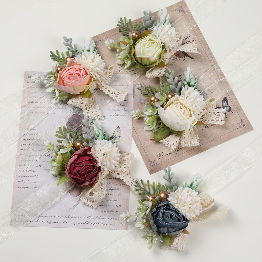 Wrist Corsage Bridesmaid Sisters Wedding Party Handmade Flower Artificial Silk Rose Bracelet Flowers Wedding Dancing Party Decor
