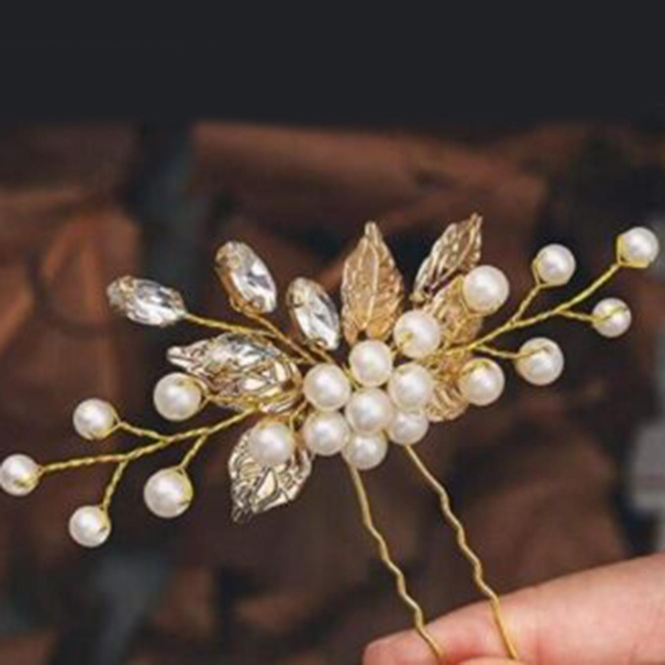 Golden Leaf Pearl U-Shaped Hair Clasp Pin Handmade Hairpin Headdress Bride Wedding Accessories Cross-Border серебряный