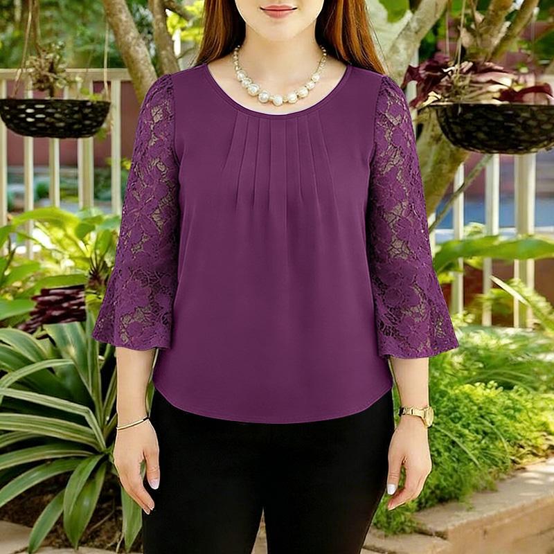 ZANZEA Women Casual Round Neck Loose Lace Splice 3/4 Sleeve Blouse