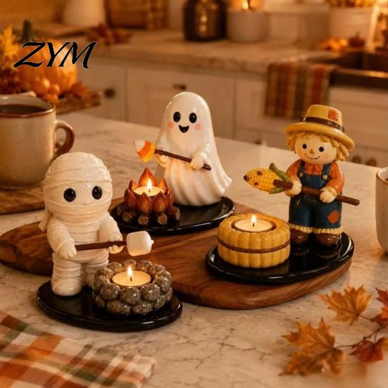 Halloween Party Table Decoration Campfire Tealight Holder, Mummy Ghost Scarecrow Resin Healing Aromatherapy Candle Holder Stand for Desk, Fall Harvest