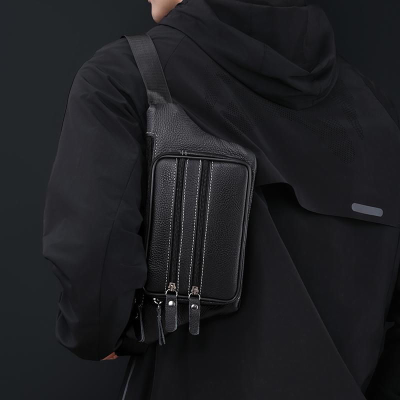 Crossbody Bag Men's Multi-Layer PU Shoulder Bag Business Chest Bag Commuter Waist Bag