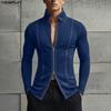 Men Lapel Neck Long Sleeve Zipper Splits Fitted Casual Tops T-shirts