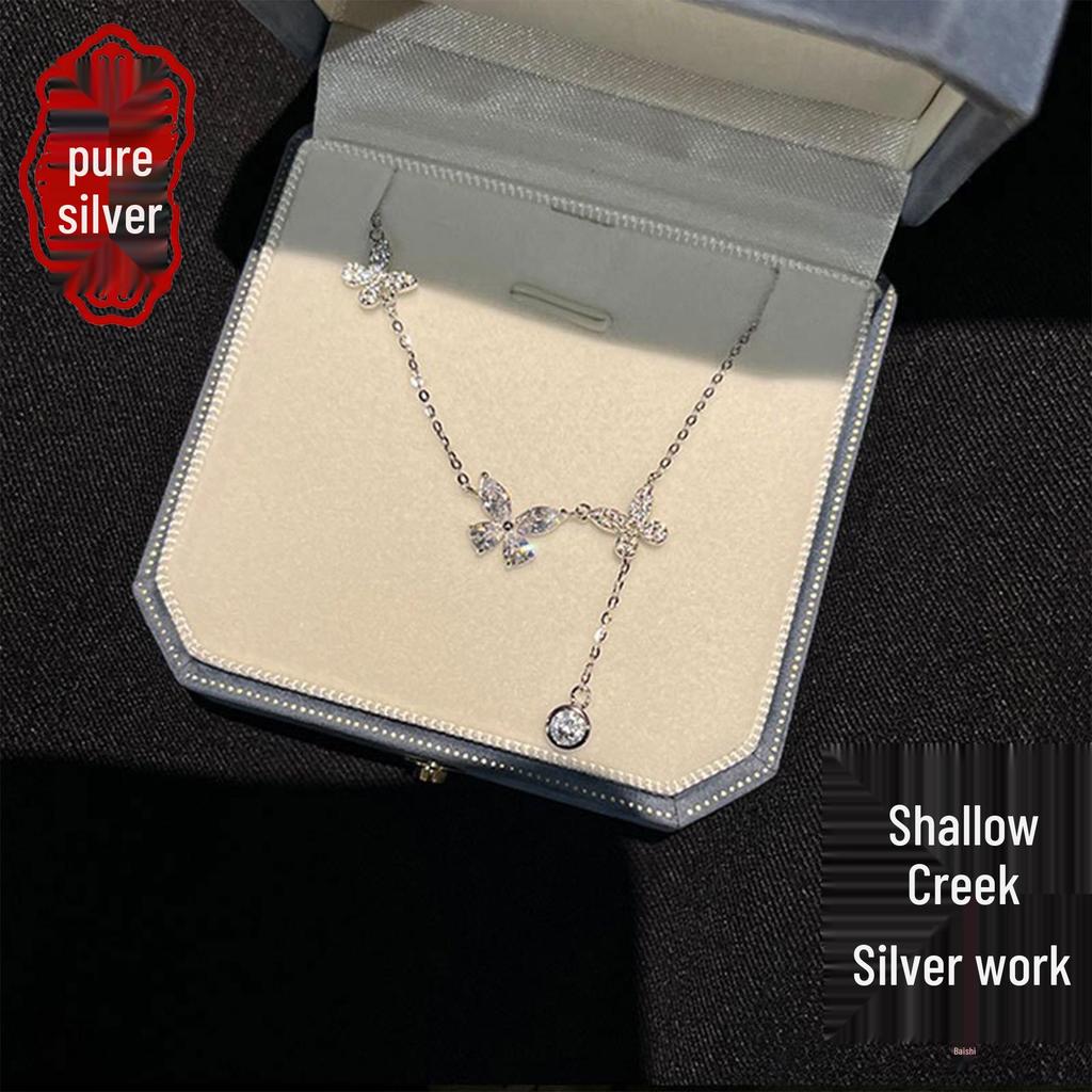 Sterling Silver Butterfly & Zirconia Tassel Necklace - Light Luxury Clavicle Chain for Women