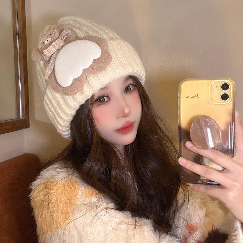 

New Autumn and Winter Hat for Women s Bear Patch Wool Hat Korean Version of Versatile Warm Ear Protection Cute Knitted Hat Trendy M（56-58cm）