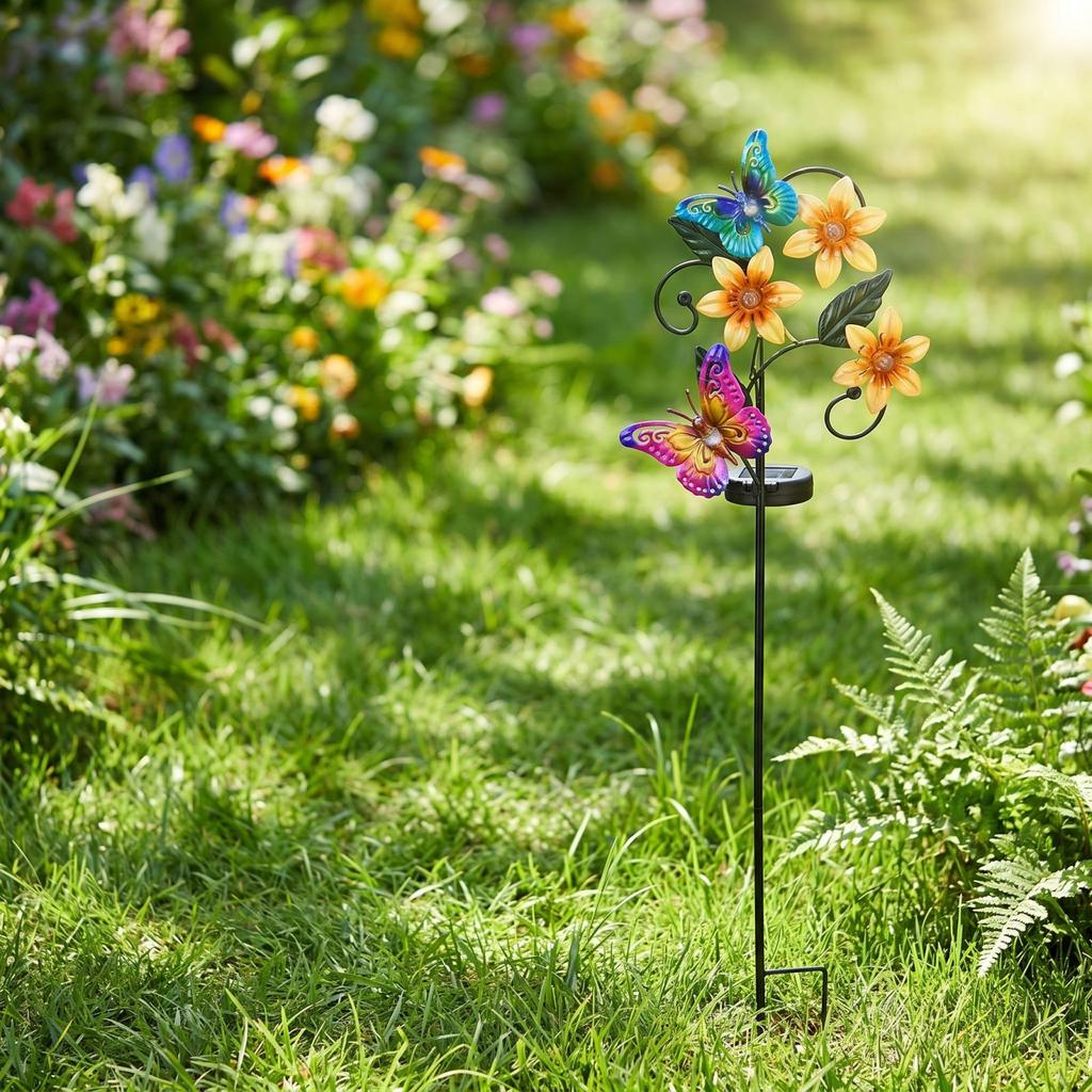 Solarbetriebene Gartensteckleuchte mit künstlichen Blumen und Bienen-Dekoration, Außen-Hof-Landschaftslampe für Weg Rasen Terrasse