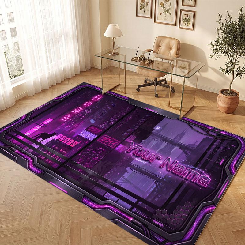 City Cyberpunk Theme Crystal Velvet Floor Rug Personalized Custom Name Text Warm Carpet Home Decoration