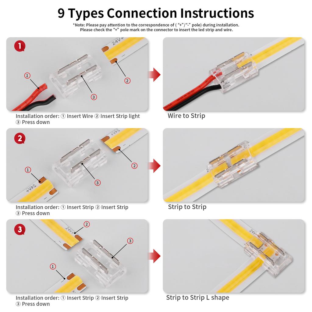 8pcs LED Connector Solderless 9 in 1 Transparent Connectors DIY L T X Shape 15cm Wire For 2pin 8mm 10mm COB LED Strip Lights
