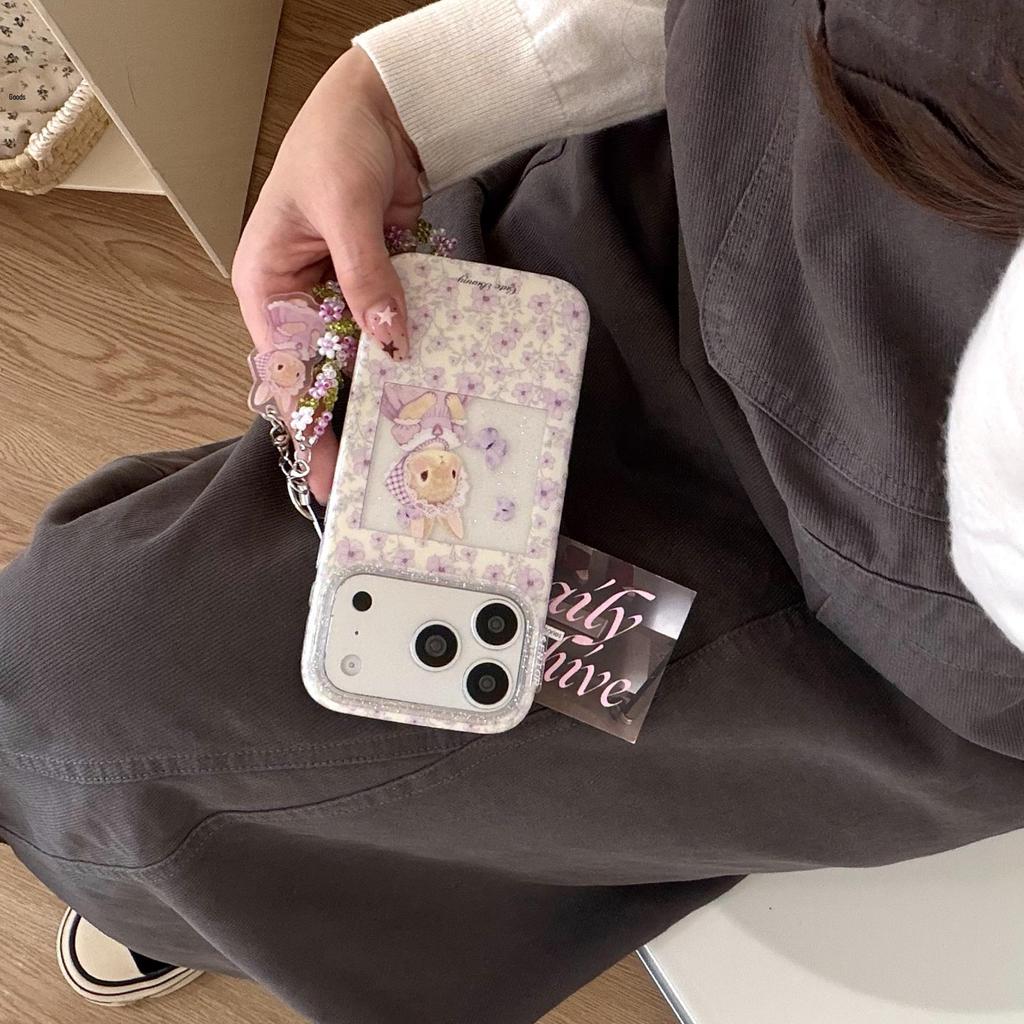 Purple Floral Rabbit Chain Case for iPhone 15/14/16/17 Pro Max