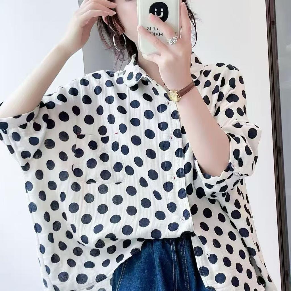 1116 Sommer Neu Damen Revers Japanischer Polka-Dot Top Cardigan Lässiger Literarischer Stil Ins Kurze Ärmel
