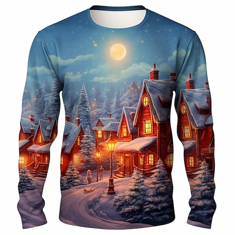 Tricou cu mânecă lungă cu grafică Crăciun Moș Crăciun cu imprimeu pe toată suprafața pentru bărbați, casual, supradimensionat, cu gât rotund, haine, top