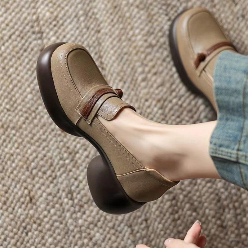 Retro platform small leather shoes new autumn single shoes lazy soft leather high heel thick heel 40 коричневый