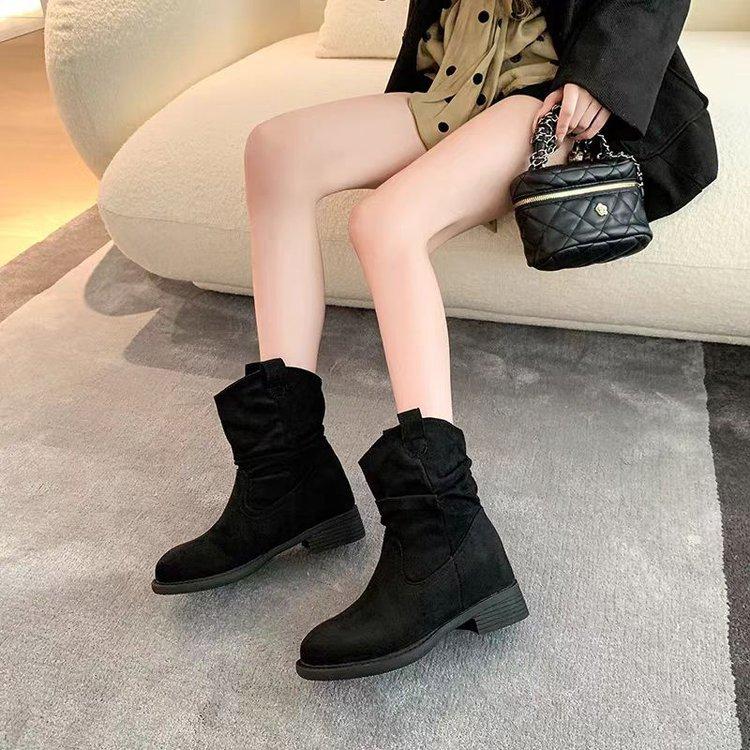 Retro Round Head Stacking Boots 2025 Autumn New Ins Style High Heel Western Cowboy Knight Boots Medium Boots Short Boots