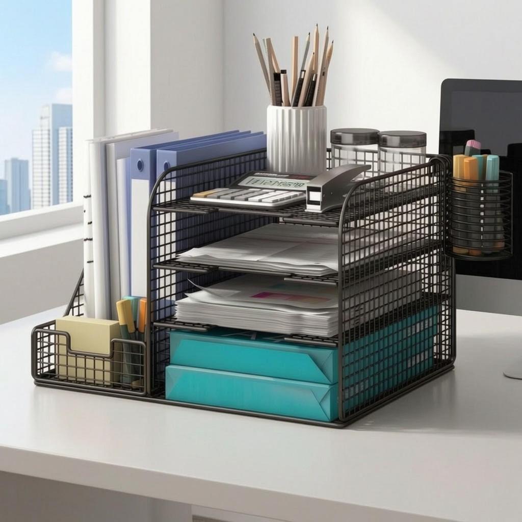 Desktop File Organizer with Pen Holders Wire Paper Sorter Metal for Office